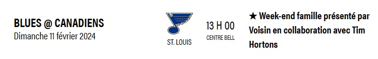 A French-language listing of the Blues vs. Canadiens hockey game