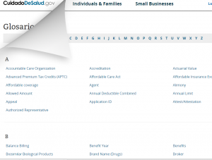 Screenshot of Spanish glossary from Healthcare.gov showing healthcare terminology for the Hispanic population