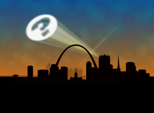spotlight shining out from city with question mark in light