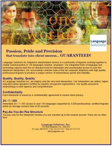 A flyer with information on Language Solutions' phone interpreting customer support services