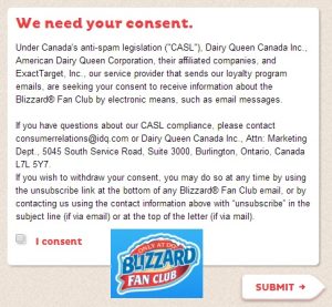 A consent agreement for commercial electronic messages from Dairy Queen for compliance with Canada's anti-spam legislation