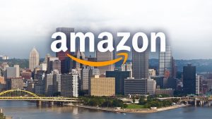 Amazon logo over city