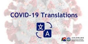 COVID-19 Translations visualized with a translation app icon and a close-up of the virus