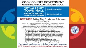 An advertisement for a Virtual Equity Town Hall meeting to be held in Cook County, Chicago