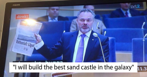 A Swedish newscast with the subtitle "I will build the best sand castle in the galaxy"