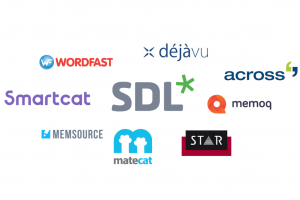 Logos of various CAT tools, including SDL, Smartcat, MemoQ, and Déjà Vu