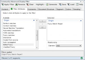 View of the Community Advanced Display Filter application in SDL Trados Studio
