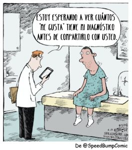 A cartoon in which a doctor addresses his patient using the formal "usted"