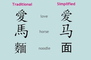 A comparison of the Simplified and the Traditional Chinese for the words love, horse, and noodle
