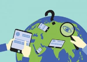 A globe, magnifying glass, question mark, and several electronic devices represent global research