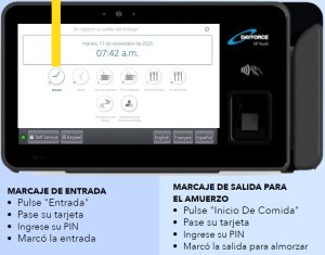 A screenshot of a timeclock user interface in Spanish along with Spanish-language instructions