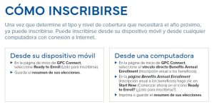 Instructions for navigating open enrollment in Spanish