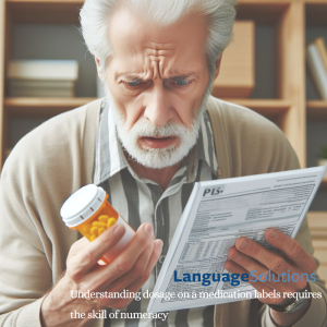 older adult man struggling to read medication label