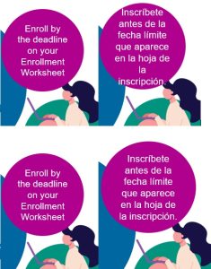 A text bubble in an English and a Spanish version of the same PowerPoint, where the English text fits and the Spanish translation does not