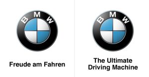 BMW's German and the English slogans side by side