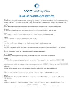 Language Assistance Services handout from Optim Health System in 15 languages.