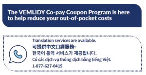 A snippet offering multilingual support for the VEMLIDY Co-pay Coupon Program in English, Chinese, Korean, and Vietnamese.