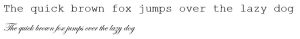 The sentence "The quick brown fox jumps over the lazy dog" in the typewriter-style Courier New font and the cursive Edwardian font